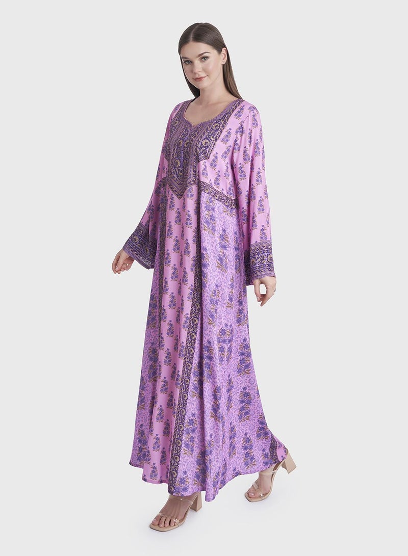 KASHKHA Floral Printed Rayon Jalabiya with Stonework - Image 3