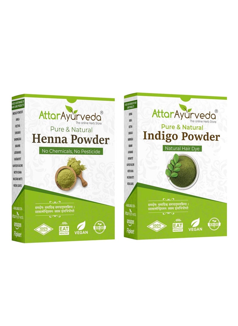 ATTAR AYURVEDA Natural Dye for Black Hair  (Henna Leaves powder + Indigo leaves powder combo pack) (200 grams + 200 grams = 400 grams total)  - Image 1