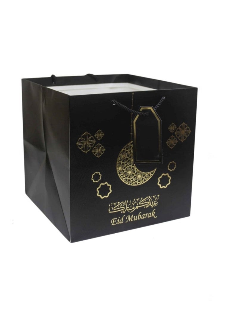 بارتي فن حقيبة هدايا العيد - حقيبة هدايا ورقية سوداء بتصميم ذهبي ومقبض حبل، حقيبة تغليف هدايا العيد 25×25×25 سم - 12 قطعة - Image 1