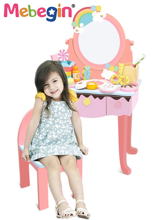 MEBEGIN Kids Vanity Set,Table Chair Vanity Set with Mirror includes 10 pcs Multiple Make Up Accessories, Makeup Dressing Table with Storage Drawer, Pretend Play Vanity Set for Girls Birthday Gift,Pink  - Image 1