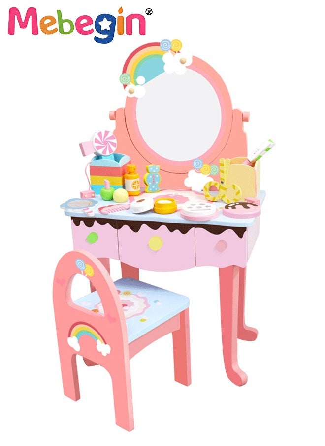 MEBEGIN Kids Vanity Set,Table Chair Vanity Set with Mirror includes 10 pcs Multiple Make Up Accessories, Makeup Dressing Table with Storage Drawer, Pretend Play Vanity Set for Girls Birthday Gift,Pink  - Image 2