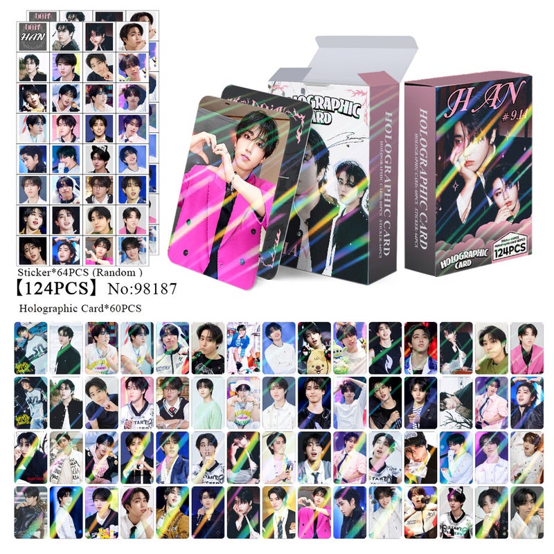 HAN 124PCS Holographic Cards & Star Stickers Set – 60PCS Holographic LOMO Cards + 64PCS Random Celebrity Stickers for DIY Scrapbooking, Album Decoration, Journaling, and Birthday Gift for Teens
