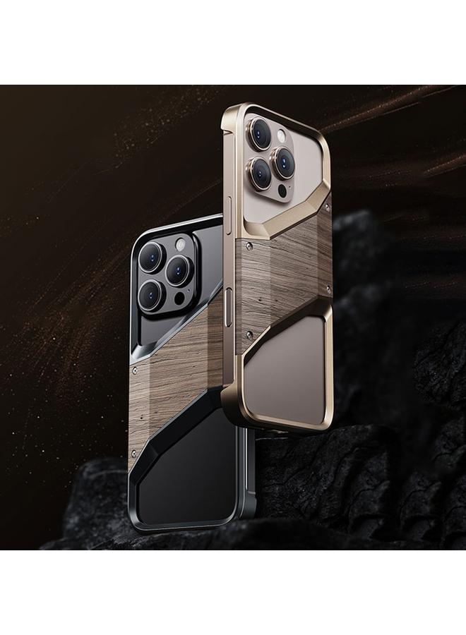 S-TOP Case For iPhone 15 Pro Aluminum Alloy Solid Wood Frameless Hollow Metal Phone Case - Image 2
