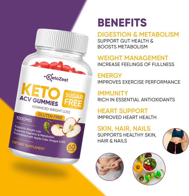 KetoZest Keto Acv Gummies for Advanced Weight Loss  Belly Fat Burn  Pro Active Super Apple Cider Vinegar Gummies  Rapid Fat Burner Diet Supplement for Women Men  Sugar Free  Gluten Free 1000MG - Image 2