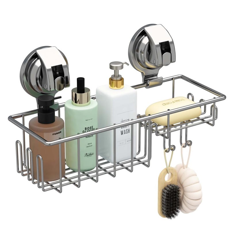 TESOT Suction Cup Shower Shelf, Shower Caddy Soap Dish with Hooks for Sponge, Rust Proof 304 Stainless Steel, Silver - Image 2
