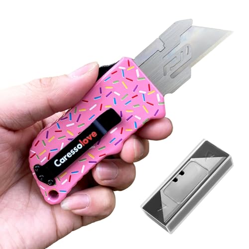Caressolove Automatic Utility Knife, Premium Pink Retractable Box Cutter, Cute Aluminum Alloy Heavy Duty Pocket Knife, Safety Replaceable Blade EDC Razor Knives with 5PCS Blades - Image 1