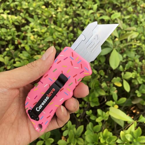 Caressolove Automatic Utility Knife, Premium Pink Retractable Box Cutter, Cute Aluminum Alloy Heavy Duty Pocket Knife, Safety Replaceable Blade EDC Razor Knives with 5PCS Blades - Image 5