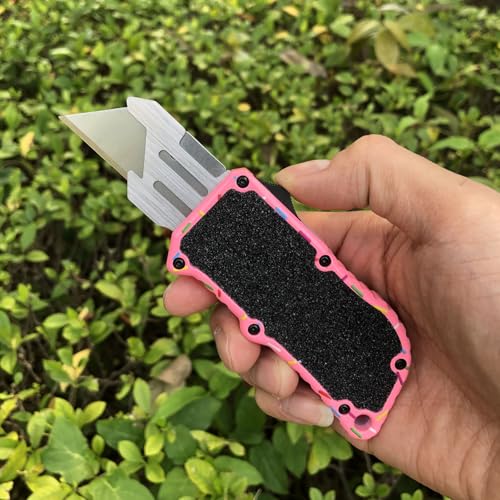 Caressolove Automatic Utility Knife, Premium Pink Retractable Box Cutter, Cute Aluminum Alloy Heavy Duty Pocket Knife, Safety Replaceable Blade EDC Razor Knives with 5PCS Blades - Image 2