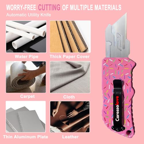 Caressolove Automatic Utility Knife, Premium Pink Retractable Box Cutter, Cute Aluminum Alloy Heavy Duty Pocket Knife, Safety Replaceable Blade EDC Razor Knives with 5PCS Blades - Image 3