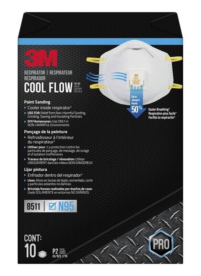 3M 3M N95 Respirator 8511, Cool Flow Valve, 10 Pack, NIOSH-APPROVED, Advanced Filter Media For Easy Breathing, Comfortable For Long Periods Of Wear, Helps Filter Pollen, Mold Spores & Dust (8511PB1-A-PS)  - Image 1