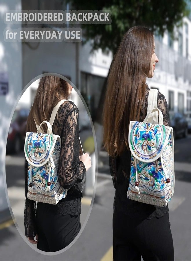 Goodhan Vintage Embroidered Women Backpack Ethnic Travel Handbag Shoulder Bag, Beige-blue, 12x10x5 inch, Daypack Backpacks - Image 4