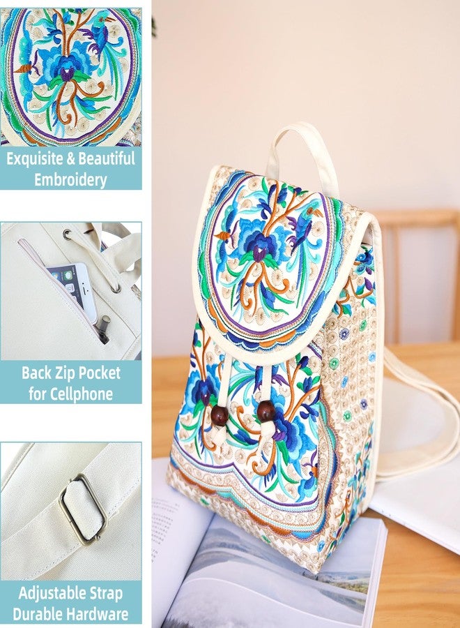 Goodhan Vintage Embroidered Women Backpack Ethnic Travel Handbag Shoulder Bag, Beige-blue, 12x10x5 inch, Daypack Backpacks - Image 5