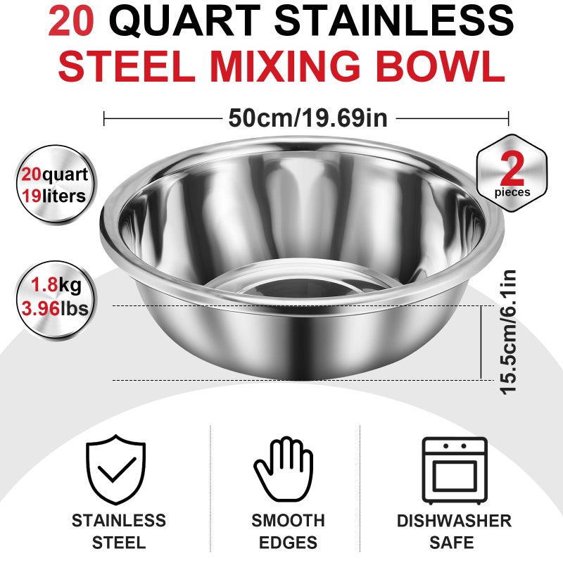 FillTouch 2 Pack Large Mixing Bowl 20 Qt Oversized All Purpose 304 Stainless Steel Polished Mirror Flat Base Metal Bowl for Home or Commercial Prepping Baking Mixing Marinating - Image 2