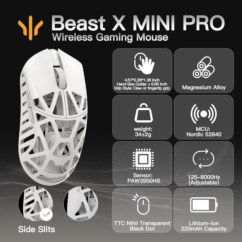 Beast X Mini Pro Ultra-Light 34g ماوس الألعاب المغنيسيوم ، PAW3950 مستشعر HS ، معدل استطلاع 8K ، 30000 DPI ، OM & TTC المفاتيح ، لوحات جانبية قابلة للتخصيص.  (أبيض الحليب (TTC مفتاح الشقوق الجانبية)) - Image 2