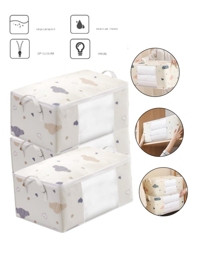 3-piece set Large Capacity Non Woven Storage Pouch with Clear Window Portable Dustproof Organizer Bag for Travel and Home Use Thick Fabric Beige Packing Container with Handle for Clothes - Image 1