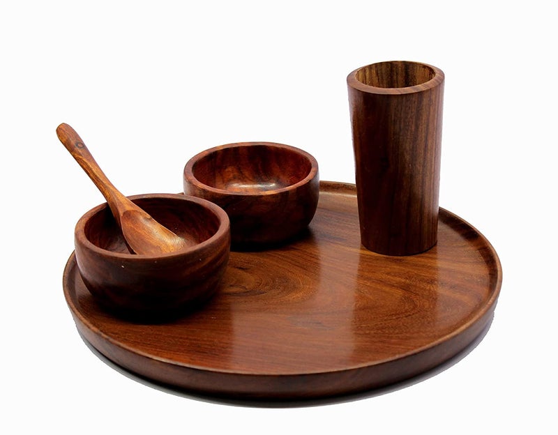 Achleshwar Pure Wooden Dinner Set Decorative Plates Dinner Thali Set Plate Glass 2 Bowls and Spoon Wood 12 inch Dia Brown Color - Image 1