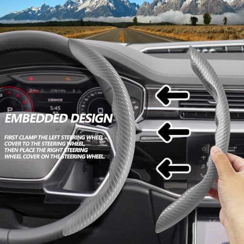 Lunwag 2pcs Universal Fit Carbon Fiber Steering Wheel Cover, Anti-Skid Steering Wheel Cover/Segmented Steering Wheel Protector/Car Interior Accessories (Gray) - Image 5