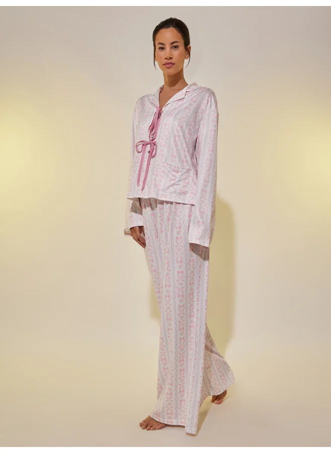 تايك تو Take Two All-Over Printed Bowknot Detail Shirt and Pyjama Set