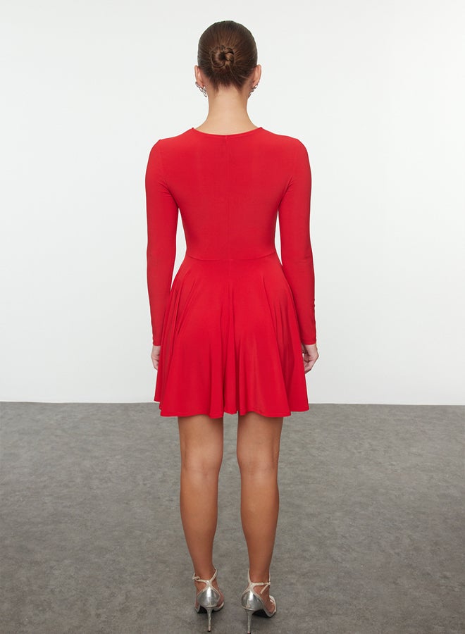 Red A-Line Heart Detailed Knitted Chic Mini Dress TPRAW25EL00037