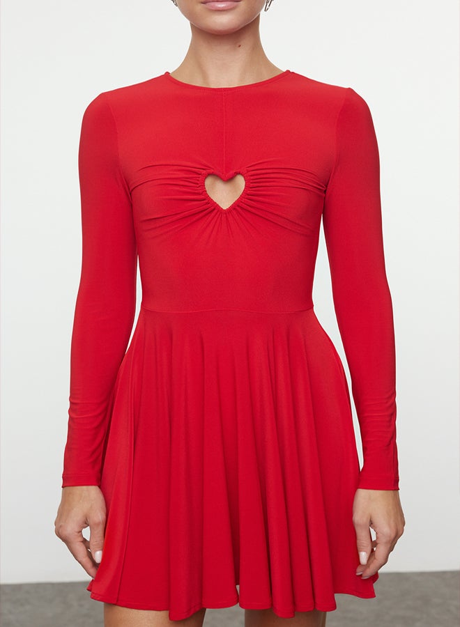 Red A-Line Heart Detailed Knitted Chic Mini Dress TPRAW25EL00037