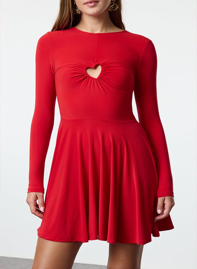 Red A-Line Heart Detailed Knitted Chic Mini Dress TPRAW25EL00037