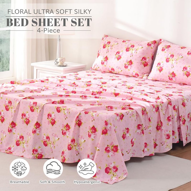 Bedlifes California King Sheet Set Ultra Soft, Breathable, Silky Flower Deep Pocket 100% Microfiber Bedding, 4 Piece Cal King Size Pink Floral(Red Rose) - Image 2