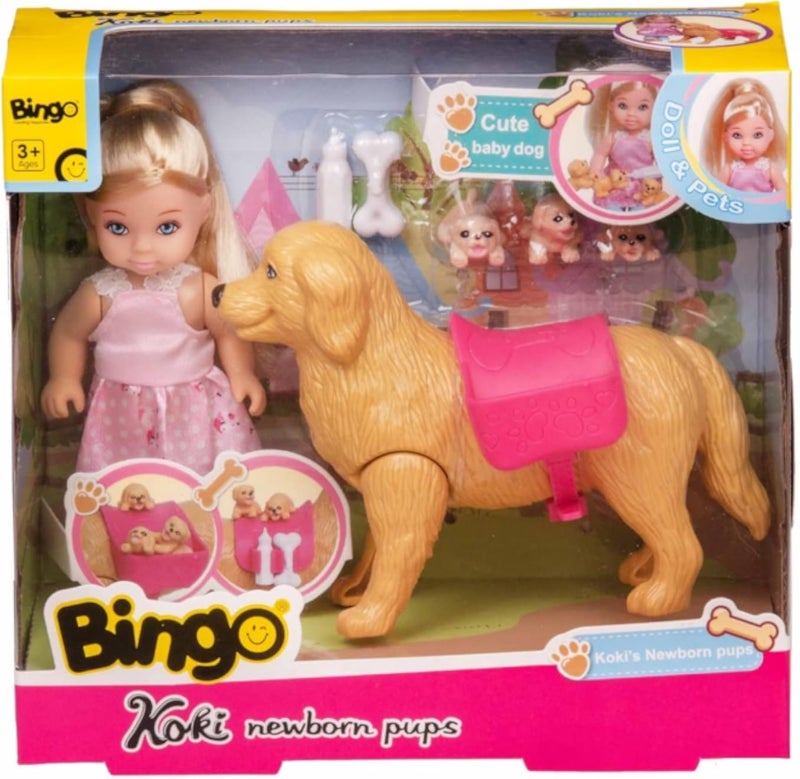 دمية بينجو كوكي مع جراء حديثي الولادة، 7 قطع - متعددة الألوان