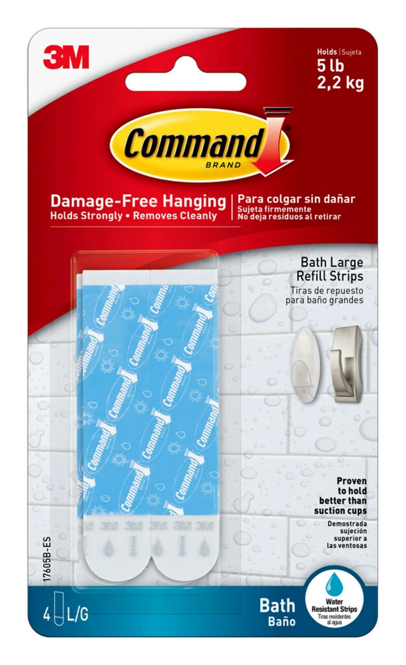 Command Bath Large Water-Resistant Adhesive Refill Strips, 4-Large Strips, Re-Hang Large Bath Hooks or Caddies - Image 1