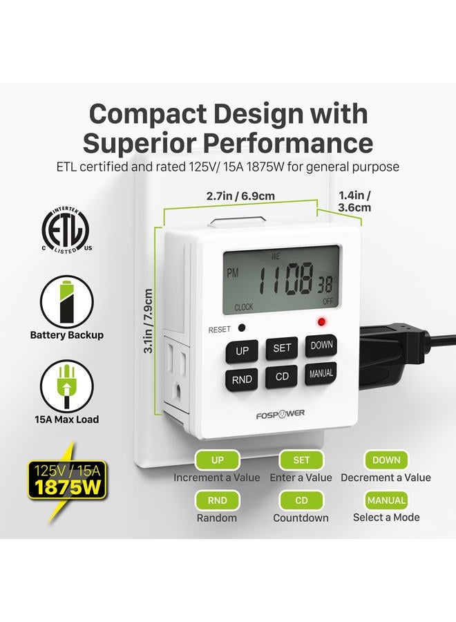 FosPower Timers for Electrical Outlets [ETL Listed] 125V/15A LCD Digital Outlet Timer, 7 Day Programmable Light Timer with 2 AC Plug Capacity for Lights, Lamps, Electrical Outlets - Image 2