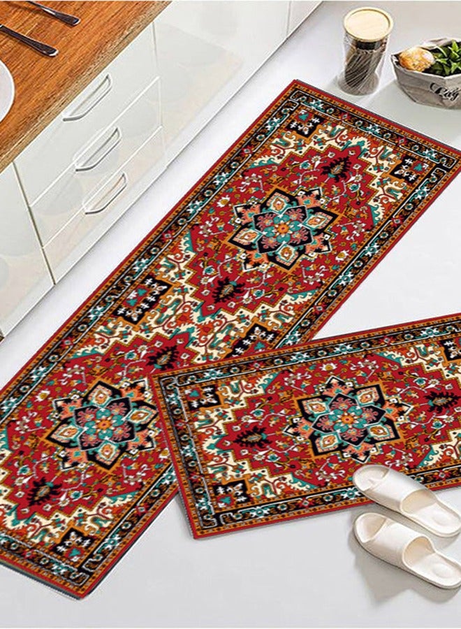 Arabest ﻿ 2-Piece Geometric Pattern Kitchen Floor Mat Set，40*60cm+40*120cm, Non-Slip Waterproof Kitchen Rug, Premium PVC Comfort Kitchen Mats and Rugs for Kitchen, Office, Home, Laundry(Red) - Image 2