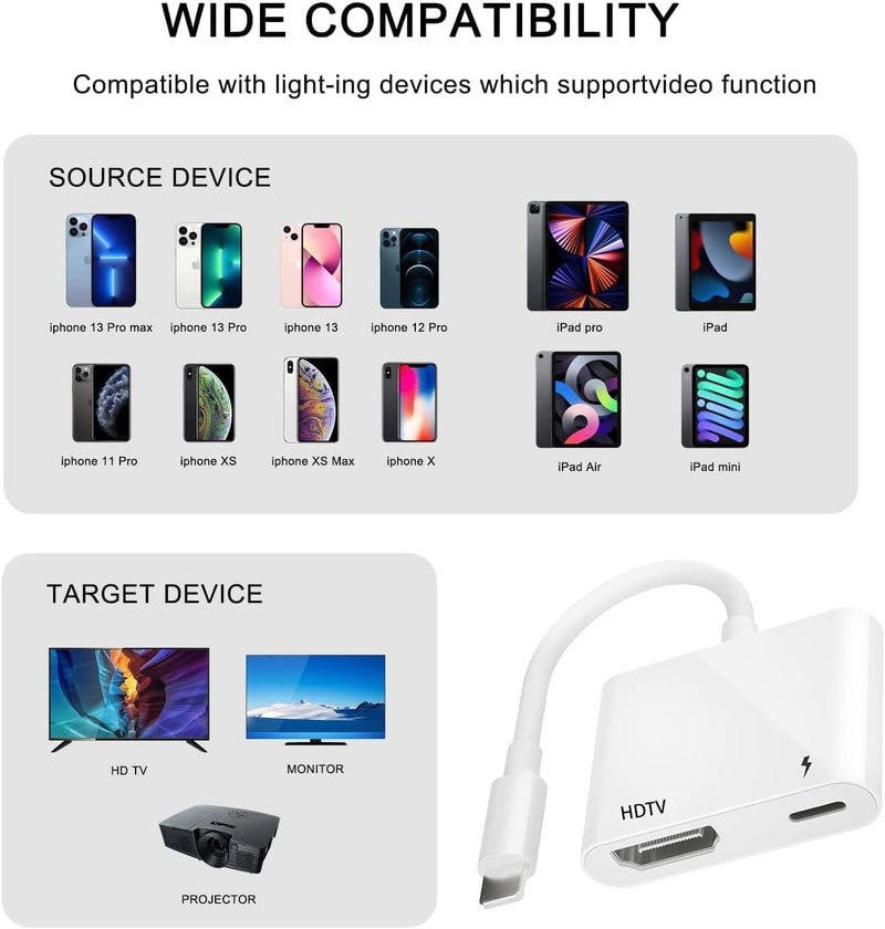 محول Apple MFi المعتمد من Lightning إلى HDMI رقمي AV بدقة 1080P HD مع منفذ شحن متوافق مع iPhone 14/13/12/11/X/8/7 وiPad على أجهزة التلفاز عالية الدقة/أجهزة العرض/الشاشات... - Image 2