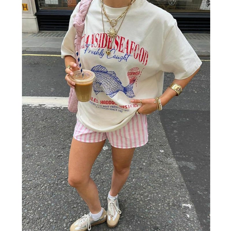 KOSUSANILL Women Cute Graphic Oversized Tees Fish Lobster Sea Floral Fruit Printed Y2K Baggy T Shirts Teen Girls Preppy Coastal Clothes Vintage Aesthetic Free People Dup ES Clothes Blue Fish - Image 3