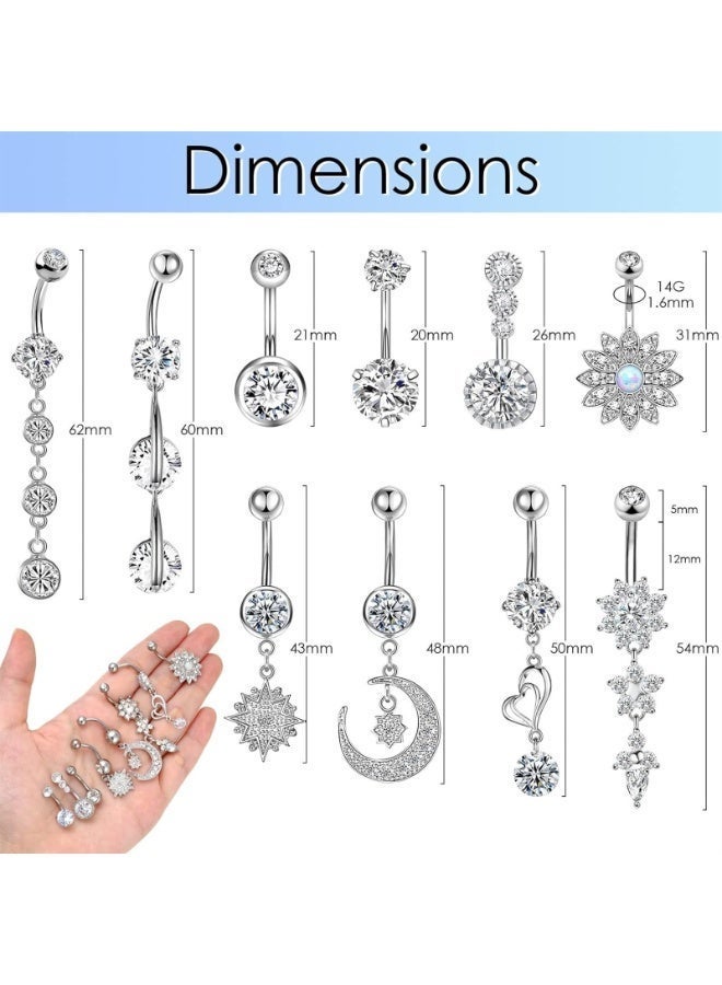 10pcs Silver Belly Button Ring Dangle Surgical Steel Belly Rings for Women Girls 14G Surgical Steel Belly Button Piercing Cute Navel Ring Belly Piercing Jewelry - Image 2