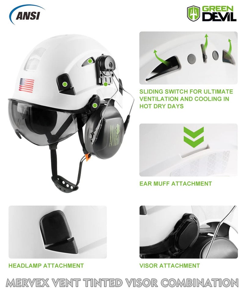 GREEN DEVIL Safety Helmet Hard Hat with Visor and Ear Protection Adjustable Lightweight Vented ABS Work Helmet for Men and Women 6-Point Suspension ANSI Z89.1 Approved Ideal for Industrial & Construction - Image 2