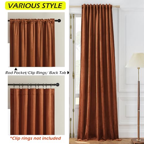 Timeper Burnt Orange Pleat Back Tab Velvet Curtains W52 x L84 inches 2 Panels, Room Darkening Solid Home Decor Curtains for Bedroom Living Dining Room Thermal Insulated Luxury Super Soft Window Drapes - Image 2