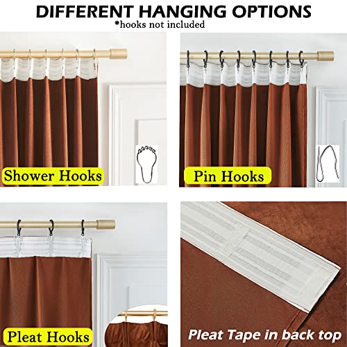 Timeper Burnt Orange Pleat Back Tab Velvet Curtains W52 x L84 inches 2 Panels, Room Darkening Solid Home Decor Curtains for Bedroom Living Dining Room Thermal Insulated Luxury Super Soft Window Drapes - Image 3