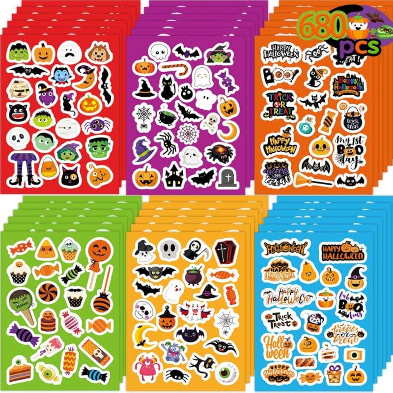 Joy Bang 680 PCS Halloween Stickers for Kids 30 Sheets Halloween Party Favors Stickers Crafts Toys Bulk Pumpkin Monster Candy Sticker Bulk for Treat Bags Goodie Bag Stuffers for Kids
