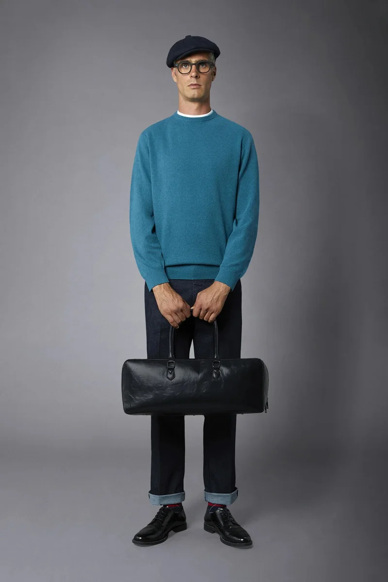 Men's crew neck wool blend lambswool - Petrol