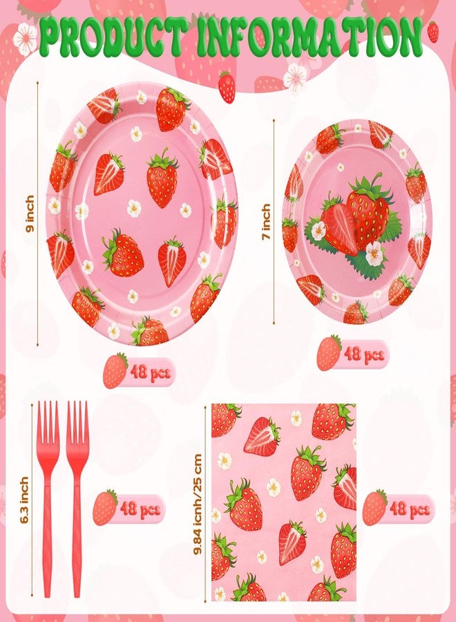 Layhit 192 Pcs Strawberry Plates and Napkins Tableware Set Plastic Forks Summer Fruit Party Supplies Disposable Strawberry Birthday Decoration Serve for 48 Guests Baby Shower Birthday Summer Fruit 1st - Image 2