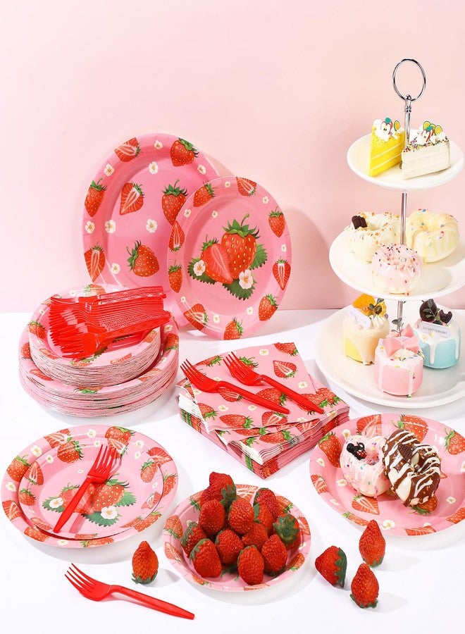 Layhit 192 Pcs Strawberry Plates and Napkins Tableware Set Plastic Forks Summer Fruit Party Supplies Disposable Strawberry Birthday Decoration Serve for 48 Guests Baby Shower Birthday Summer Fruit 1st - Image 3