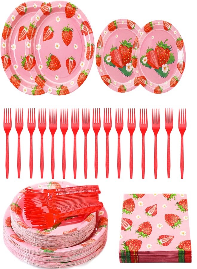 Layhit 192 Pcs Strawberry Plates and Napkins Tableware Set Plastic Forks Summer Fruit Party Supplies Disposable Strawberry Birthday Decoration Serve for 48 Guests Baby Shower Birthday Summer Fruit 1st - Image 1