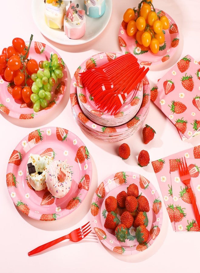 Layhit 192 Pcs Strawberry Plates and Napkins Tableware Set Plastic Forks Summer Fruit Party Supplies Disposable Strawberry Birthday Decoration Serve for 48 Guests Baby Shower Birthday Summer Fruit 1st - Image 5