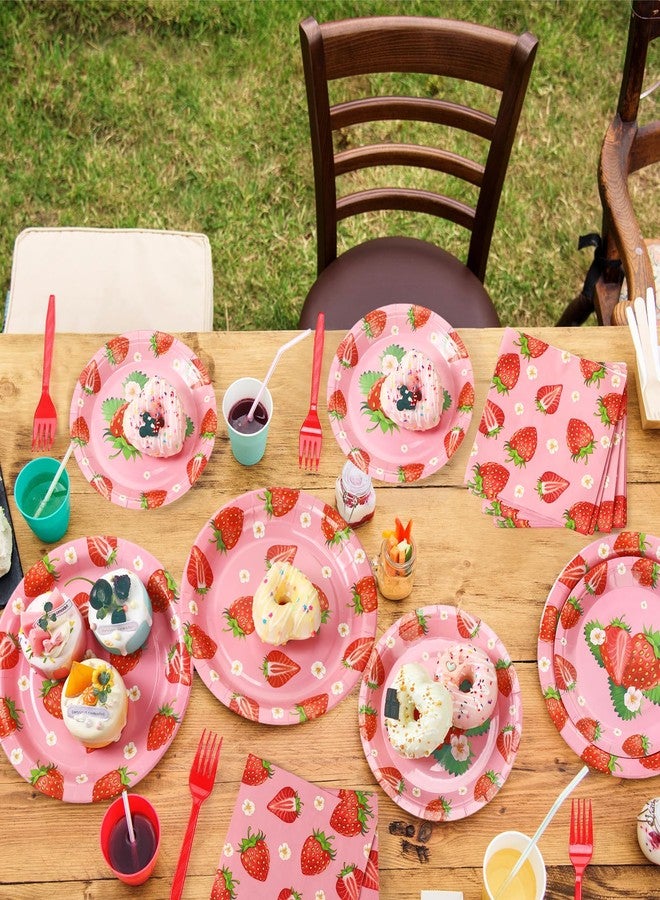 Layhit 192 Pcs Strawberry Plates and Napkins Tableware Set Plastic Forks Summer Fruit Party Supplies Disposable Strawberry Birthday Decoration Serve for 48 Guests Baby Shower Birthday Summer Fruit 1st - Image 4