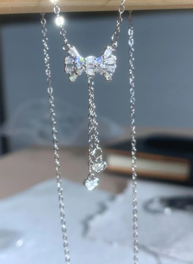 Crystal Pendant Women's Silver Necklace Pendant Bead Bow Imitation Diamond Necklace Cubic Zirconia Tassel Necklace  - Image 1