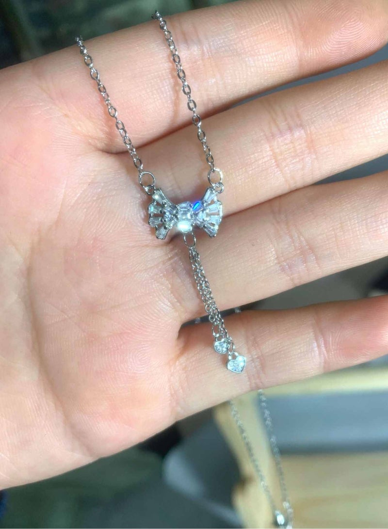 Crystal Pendant Women's Silver Necklace Pendant Bead Bow Imitation Diamond Necklace Cubic Zirconia Tassel Necklace  - Image 2