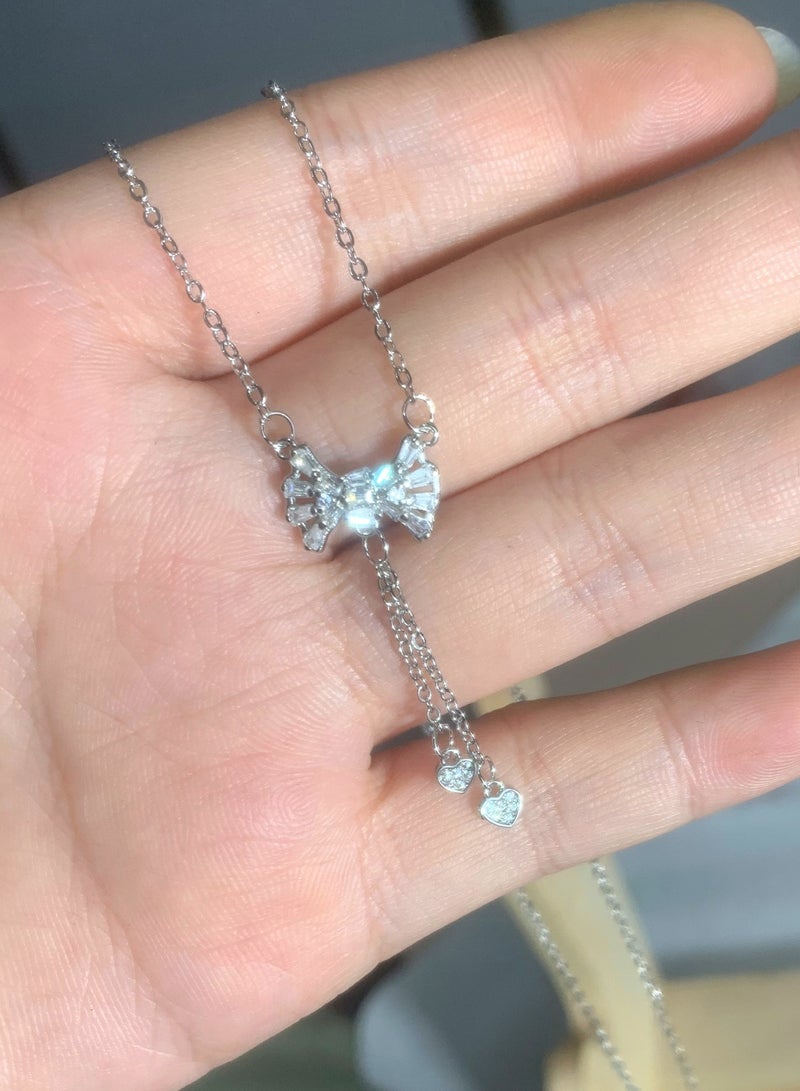 Crystal Pendant Women's Silver Necklace Pendant Bead Bow Imitation Diamond Necklace Cubic Zirconia Tassel Necklace  - Image 3