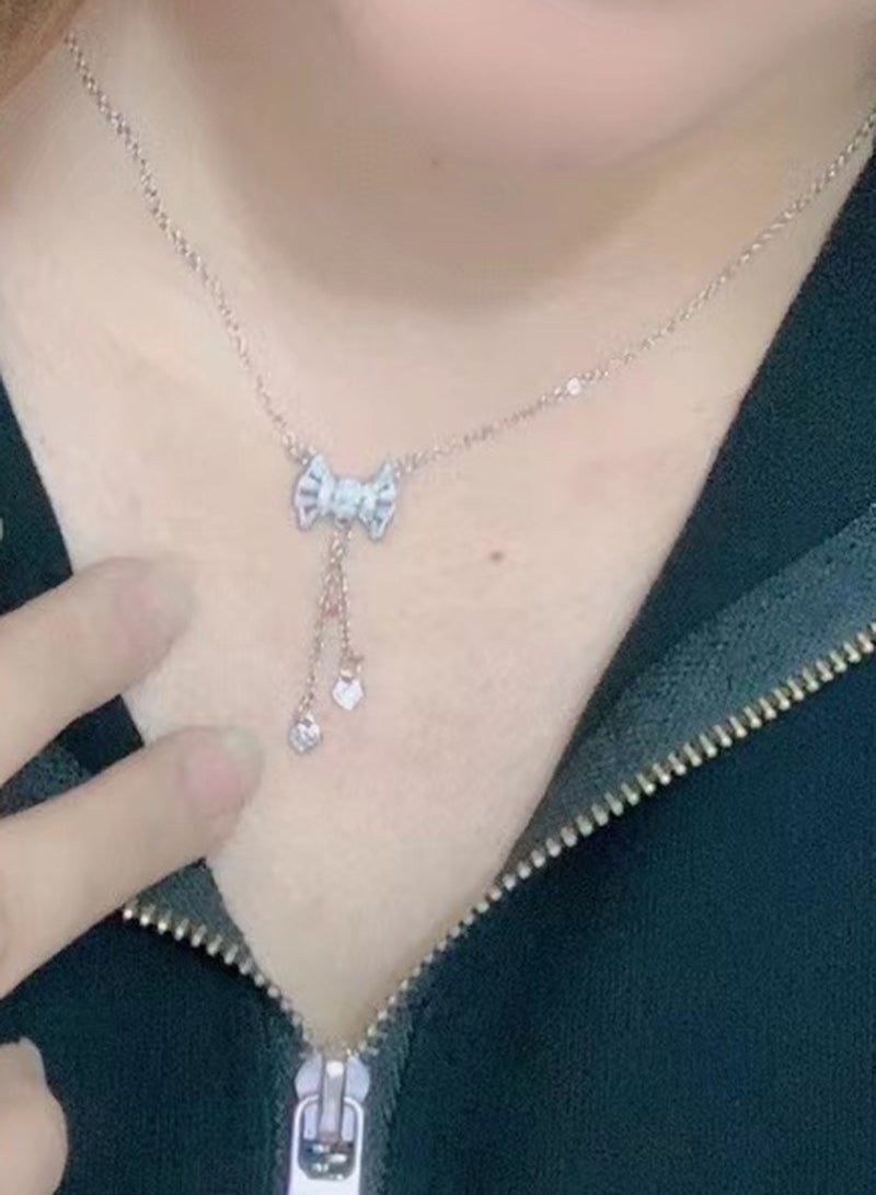 Crystal Pendant Women's Silver Necklace Pendant Bead Bow Imitation Diamond Necklace Cubic Zirconia Tassel Necklace  - Image 5