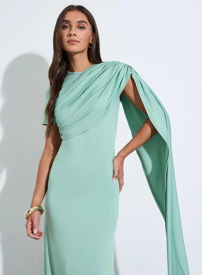 Mint Green Solid Short Sleeves Midi Dress with Shawl