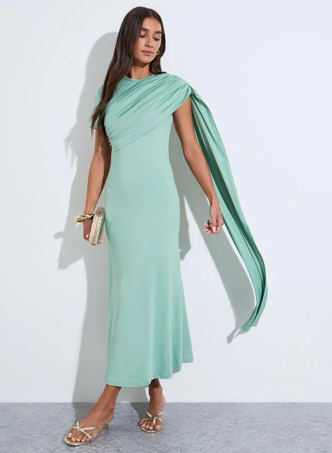 Styli  Mint Green Solid Short Sleeves Midi Dress with Shawl for Women | Best Price UAE
