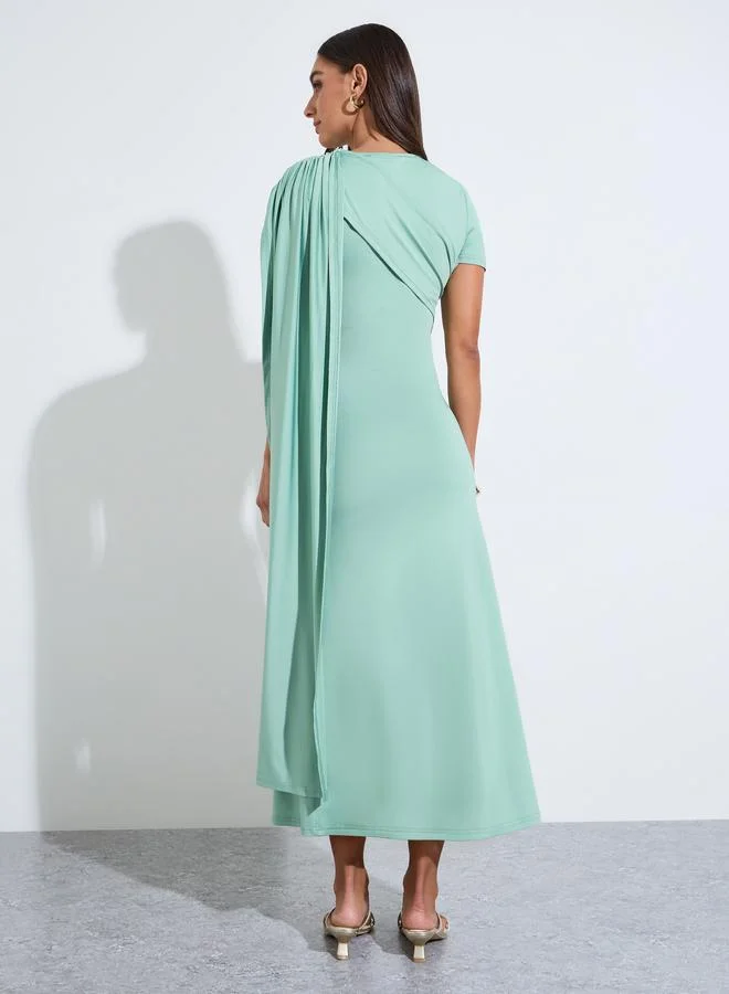 Styli  Mint Green Solid Short Sleeves Midi Dress with Shawl for Women | Best Price UAE